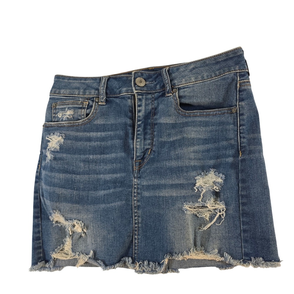 American Eagle High Rise Mini Skirt Size 8 Distressed Denim Super Stretch Blue